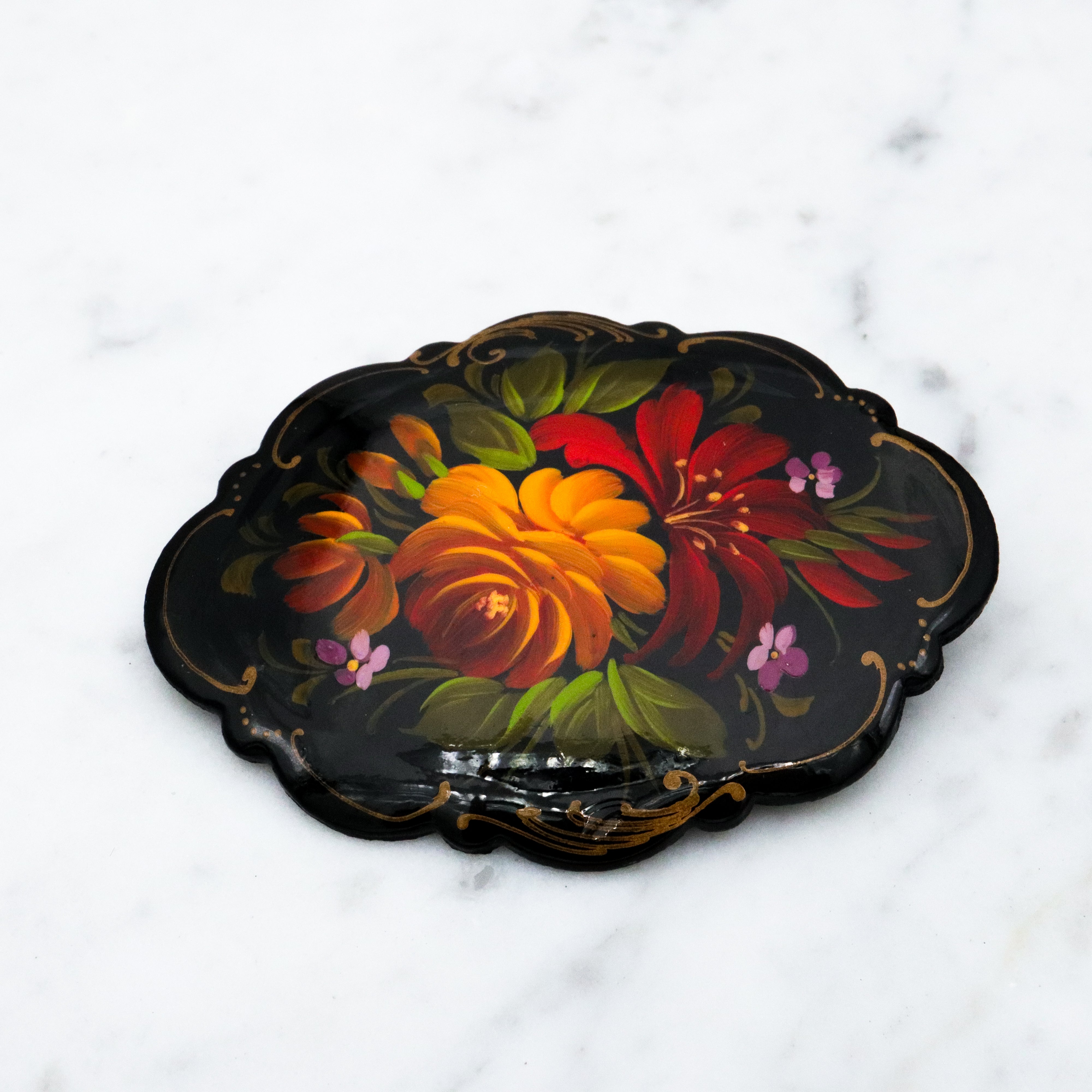 Vintage pair of hand painted floral  Russian Zhostovo style brooches